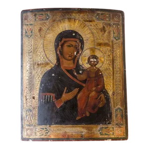 Antique Early 1800s Original Russian Icon Hand Painted Annunciation Our Lady of Kazan Madonna and Jesus