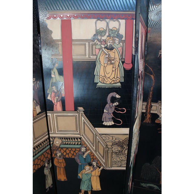 Chinese Coromandel Black Lacquer 8 Panel Folding Screen Room Divider 128" For Sale - Image 11 of 17