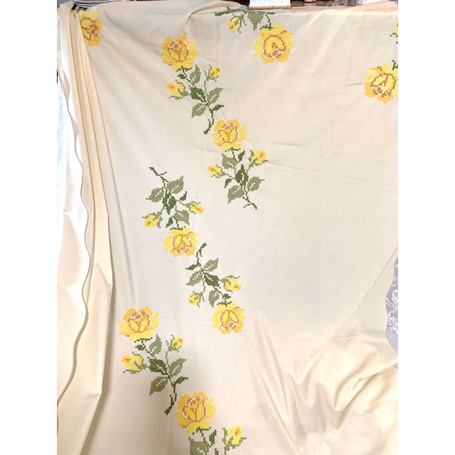 Vintage 1970’s Handmade Cross Stitch Floral Embroidered Tablecloth For Sale - Image 9 of 12