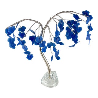 Vintage MCM Large Whimsy Tree Sculpture Art Blue Glass Leaves & Base With Wire For Sale