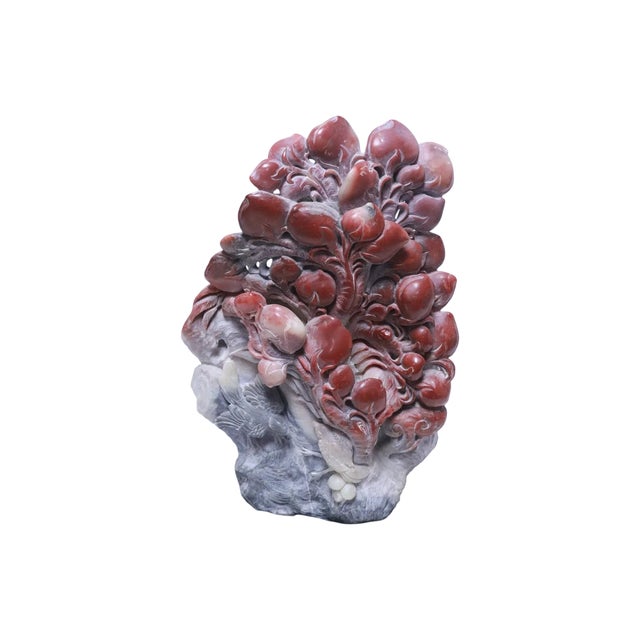 Late 20th Century Large Chinese Shoushan Stone Peach & Crane Carving on Wood Stand, 12"h For Sale - Image 5 of 7
