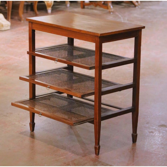19th Century English Mahogany Inlaid Sliding Trays Side Table With Cane Shelves For Sale - Image 4 of 11