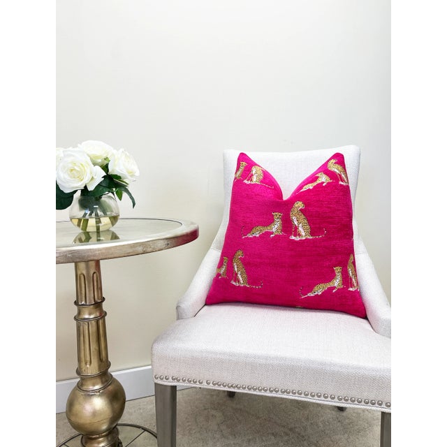 Fuchsia Embroidered Cheetah Throw Pillow With Feather Down Insert For Sale - Image 4 of 9