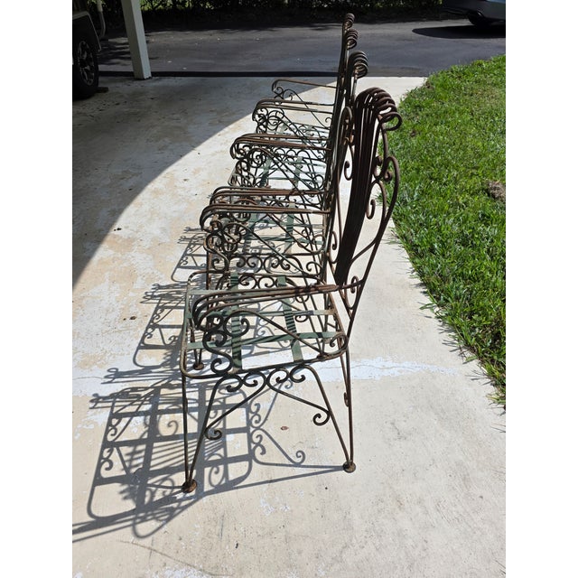 Mid-Century Modern Vintage Neoclassical Style Green Wrought Iron Lyre Harp Garden Chairs - Set of 4 For Sale - Image 3 of 12