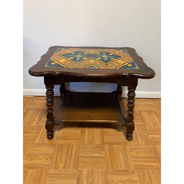 Spanish Antique 1920s–30s California Spanish Colonial Revival Tile-Top Side Table | Mission Style Bobbin Legs | Arts & Crafts For Sale - Image 3 of 10