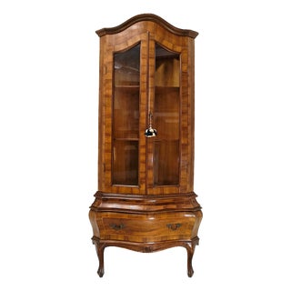 20th Century Italian Walnut Burl Corner Cabinet with Inlaid Wood and Glass Doors, 1890s For Sale