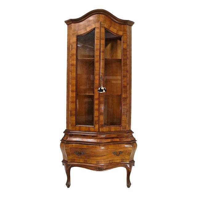 20th Century Italian Walnut Burl Corner Cabinet with Inlaid Wood and Glass Doors, 1890s For Sale