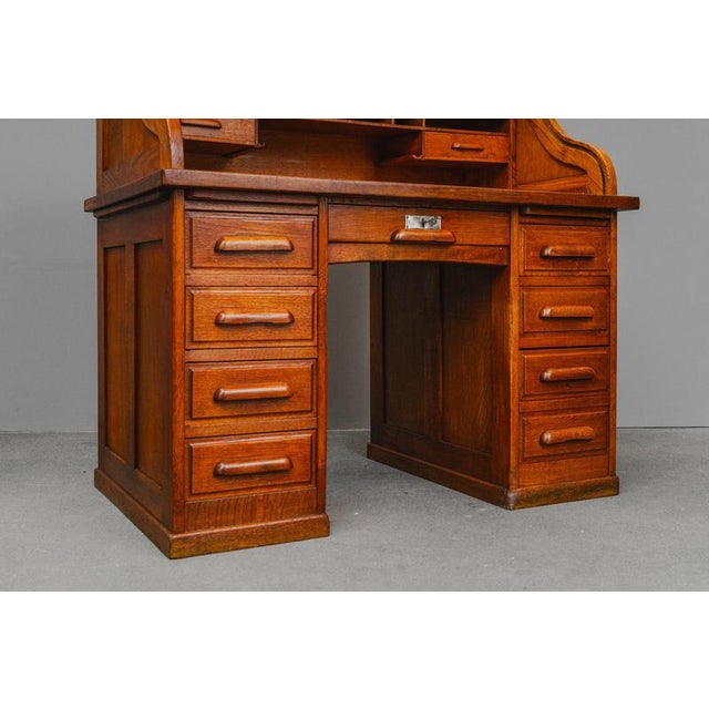 Brown Industrial Style Oak Roll-Top Desk, Early 20th Century For Sale - Image 8 of 18