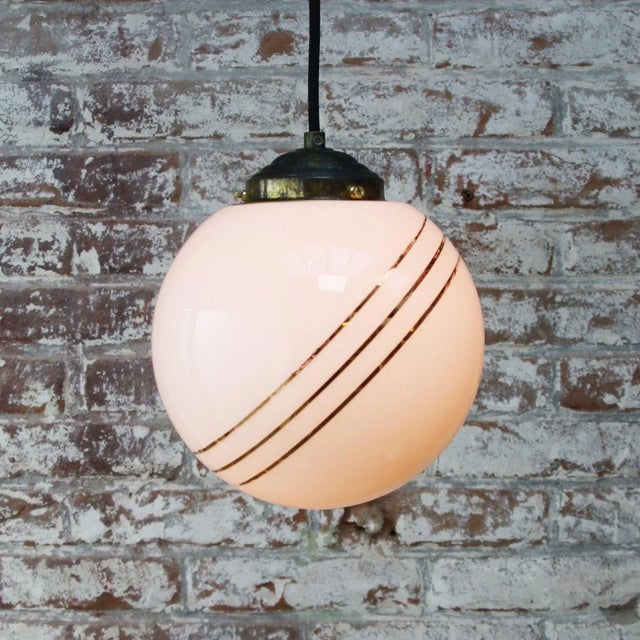 1950s Vintage European Gold-Striped Opaline Glass Globe Pendant with Brass Top For Sale - Image 5 of 6