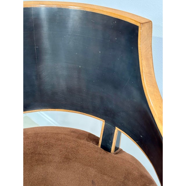 Pair of Gregorius- Pineo Two-Tone Ebonized & Natural Wood Bar Stools With Brown Ultrasuede For Sale - Image 9 of 12