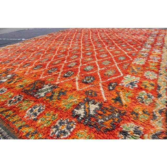 Mid 20th Century Mid 20th Century Orange and Red Background Vintage Moroccan Rug With All-Over Diamond Pattern For Sale - Image 5 of 7
