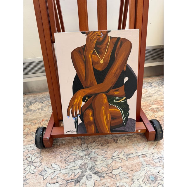 Contemporary Emmanuel Akolo - Taking Up Space, Small Miniature Painting of Woman Sitting on a Chair, Acrylic on Canvas, (2026) For Sale - Image 3 of 5