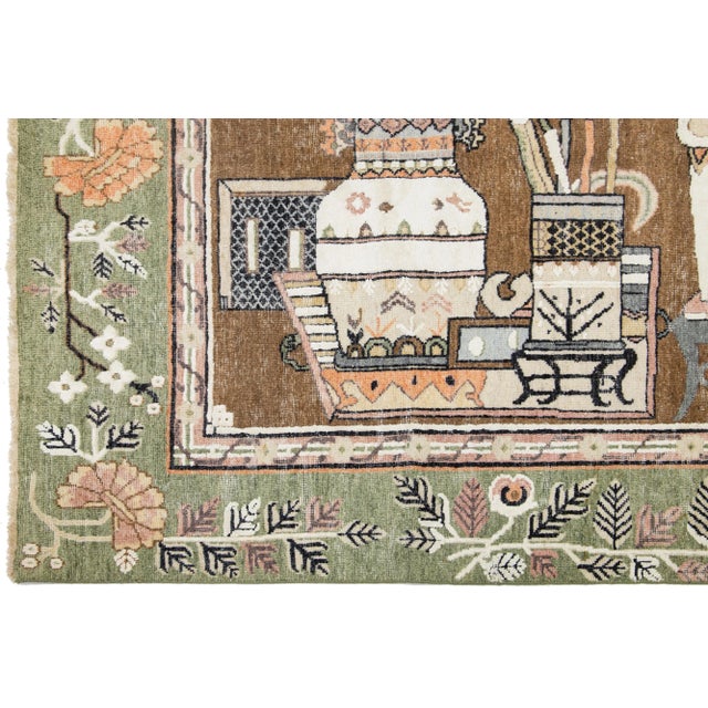 2010s Brown Modern Samarkand Handmade Pictorial Motif Wool Rug For Sale - Image 5 of 8