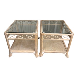 1980s Vintage Rattan and Glass End Tables, a Pair For Sale