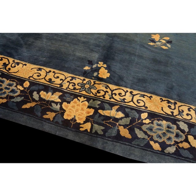 Chinese 1890s Blue Field Floral Medallion Antique Chinese Peking Wool Rug 13' X 17' 10" For Sale - Image 3 of 8