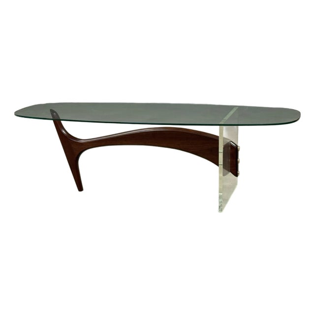 Mid 20th Century Refinished Vladimir Kagan Style Walnut Lucite and Glass Coffee Table For Sale
