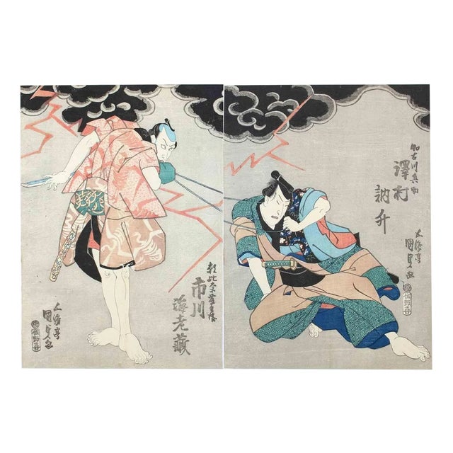 Utagawa Kunisada (Toyokuni III), Two Actors in a Fight Scene with Lightning And\., 1820s For Sale