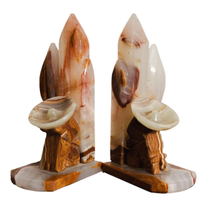 1950s Handcarved Seista Cowboy Cactus Onyx Stone Bookends - Pair