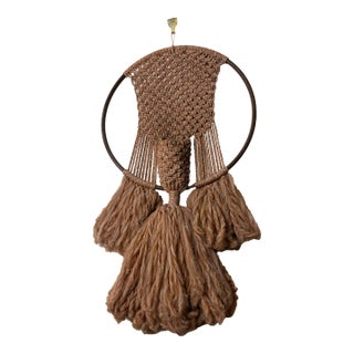 Large 1970s Bohemian Macramé Wall Hanging With Wood Hoop & Sculptural Pocket Detail For Sale