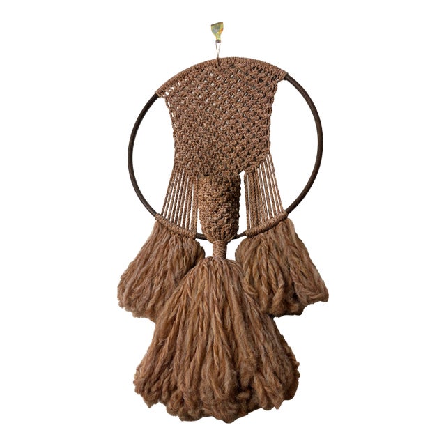 Large 1970s Bohemian Macramé Wall Hanging With Wood Hoop & Sculptural Pocket Detail For Sale