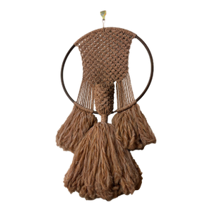 Large 1970s Bohemian Macramé Wall Hanging With Wood Hoop & Sculptural Pocket Detail
