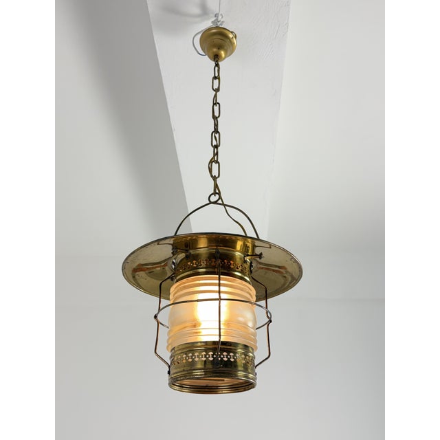 1940s Naval Pendant Lamp in Brass and Opaline Glass, 1940s For Sale - Image 5 of 13