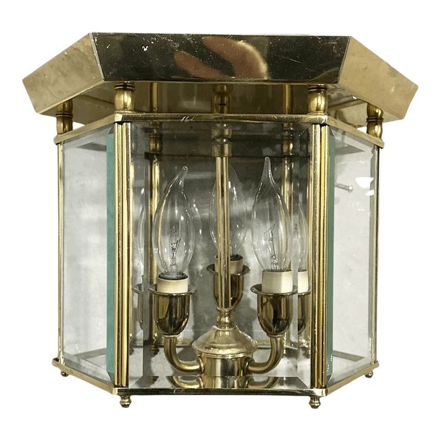 Vintage Hexagonal Solid Brass Three Light Wired Flush Mount For Sale