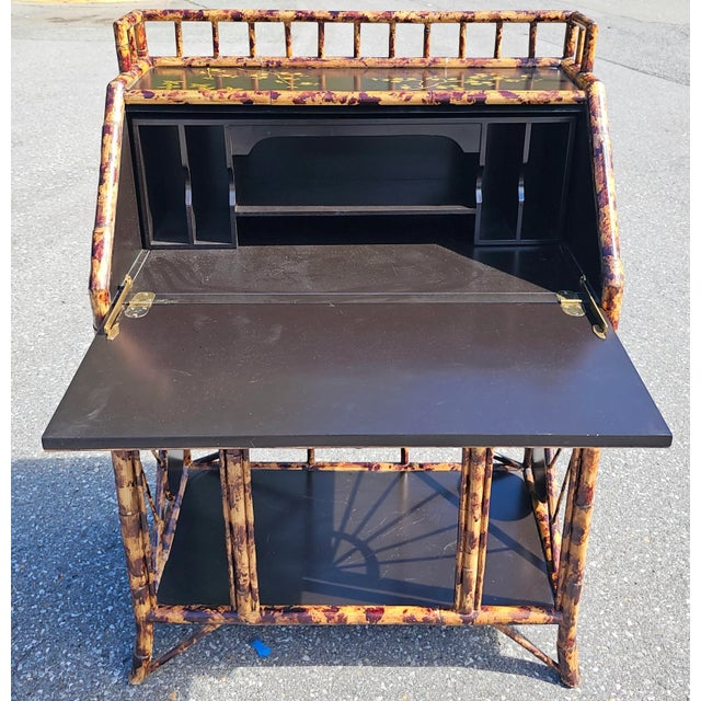 Asian Faux Bamboo Rattan Enamel and Decorated Slant Top Secretary Desk For Sale - Image 3 of 10