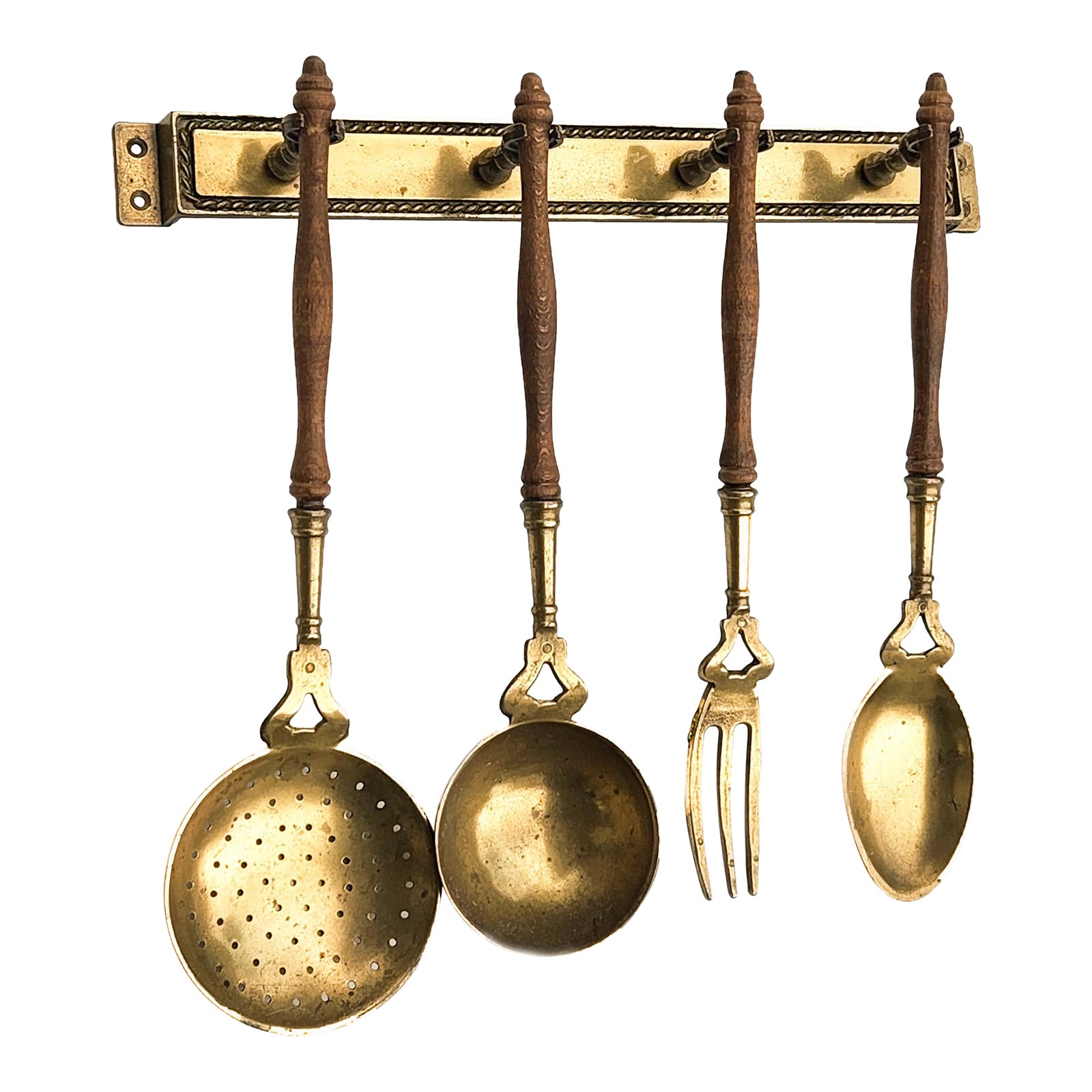 Antique French Cooking Utensils Brass Set of 5 With Wooden Handles