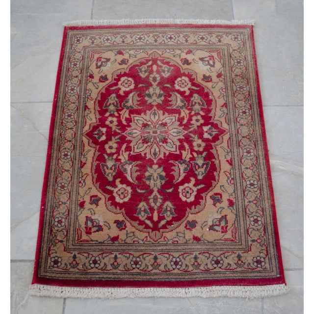 Distressed Turkish Yastik Petite Rug Low Pile Hand Knotted Mat - 1'8'' X 2'4'' For Sale - Image 14 of 14