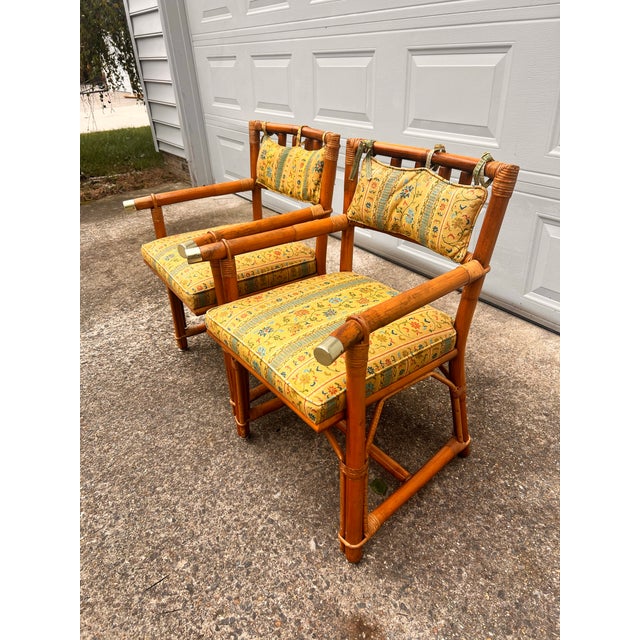 Brown Vintage 6 Piece Rattan Glass Top Dining Set With 4 Chairs, Two With Arms For Sale - Image 8 of 12