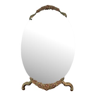 Vintage Oval Vanity Mirror With Hand-Painted Floral Frame and Easel Back For Sale
