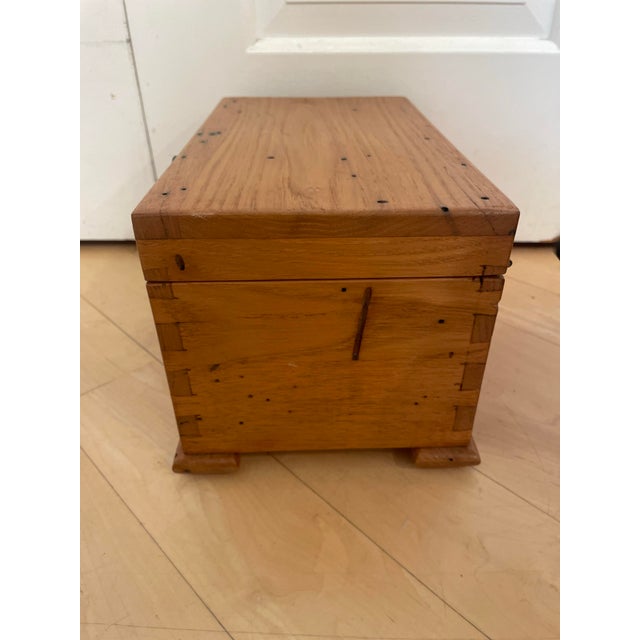 Rustic European Small Rustic Vintage Dovetail Joinery Desk Dresser Top Wooden Travel Trunk Chest For Sale - Image 3 of 12