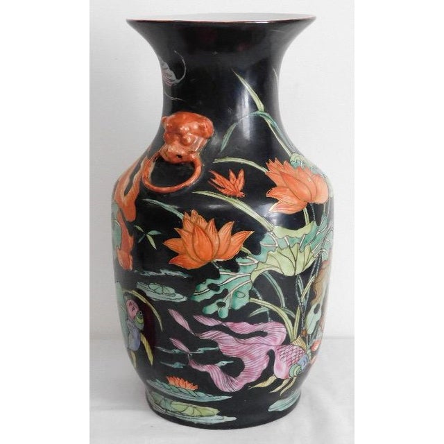 Chinoiserie Vintage Mid-Century Chinese Famille Noire Baluster Vase Hand Painted Lotus and Koi Fish 14 Inch For Sale - Image 3 of 13