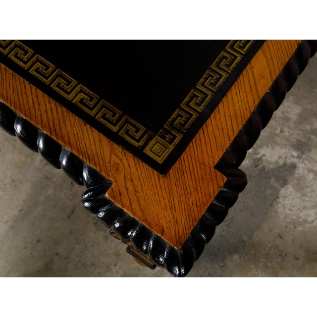 English 19th Century Oak Desk with Ebonized Accents and Gilded Greek Key Frieze For Sale - Image 4 of 10