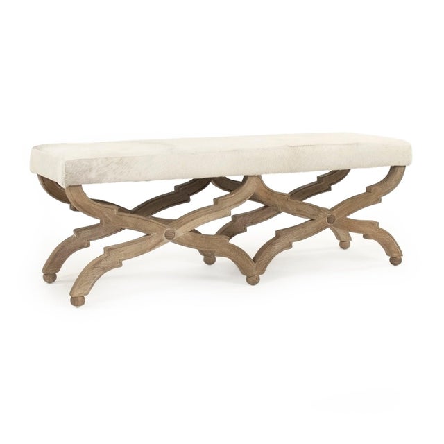 Farmhouse Crescenzo Double Bench - White Cowhide / Oak Frame For Sale - Image 3 of 3