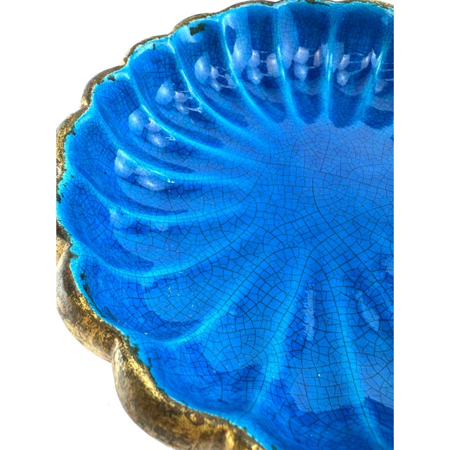 Blue Vintage Italian Blue Crackle Glaze & Gilt Scalloped Ceramic Bowl For Sale - Image 8 of 11