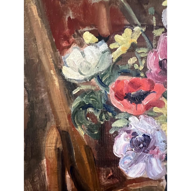 Charles Beer, Bouquet of Flowers in Vase on an Armchair, 1920s, Oil on Canvas For Sale - Image 7 of 10
