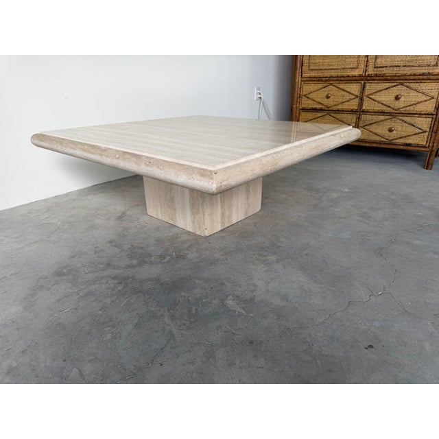 Contemporary 1980s Italian Postmodern Bullnose Beige Travertine Square Coffee Table by Stone International For Sale - Image 3 of 18