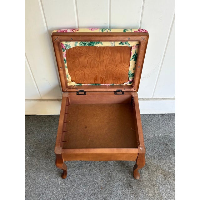 1940s-50s curved-leg wood/yellow floral upholstered hinge-top storage footstool/ottoman. Excellent condition.