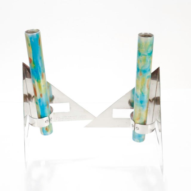 Metal Pair Signed Arie Ofir Israeli Sterling Silver & Anodized Aluminum Candlesticks For Sale - Image 7 of 12