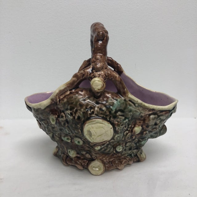 English Majolica tree-bark basket with lavender interior, circa 1880.