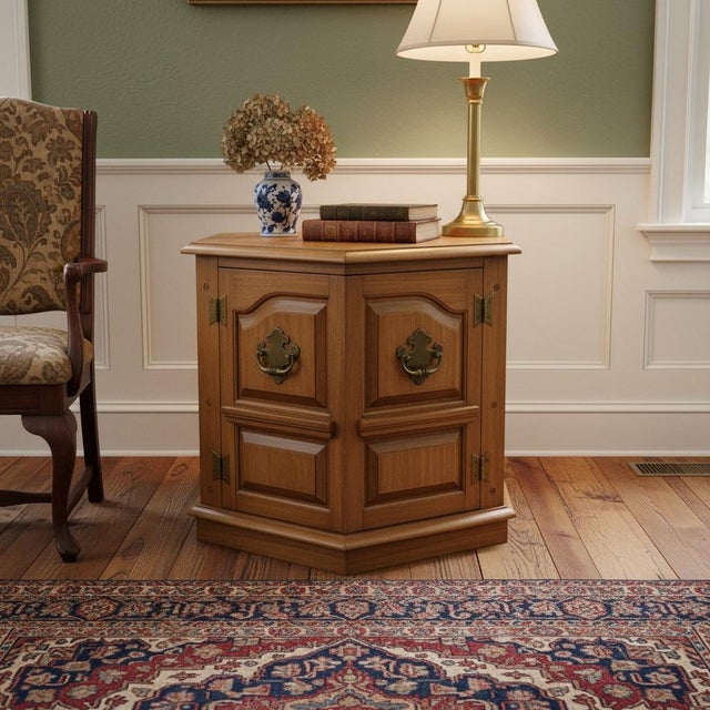 Vintage Octagonal Wood End Tables Pair-Colonial-Traditional-Storage-Night Stands For Sale - Image 4 of 11