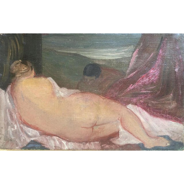Pierre GEORGEOT 1914-1990 The nude and the voyeur Oil on canvas Signed on the back on the canvas 14 x 22 cm Boxed Very...