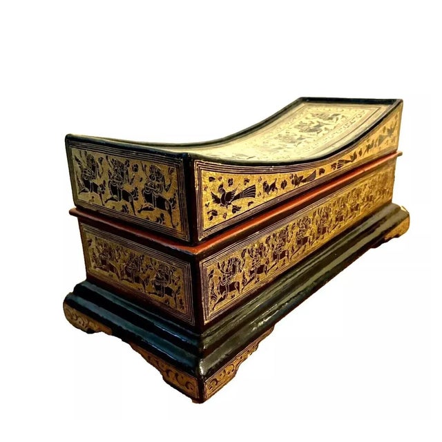 Antique Hand Made Highly Decorated Burmese Gilded Wood Lacquerware Pillow Box For Sale - Image 4 of 10