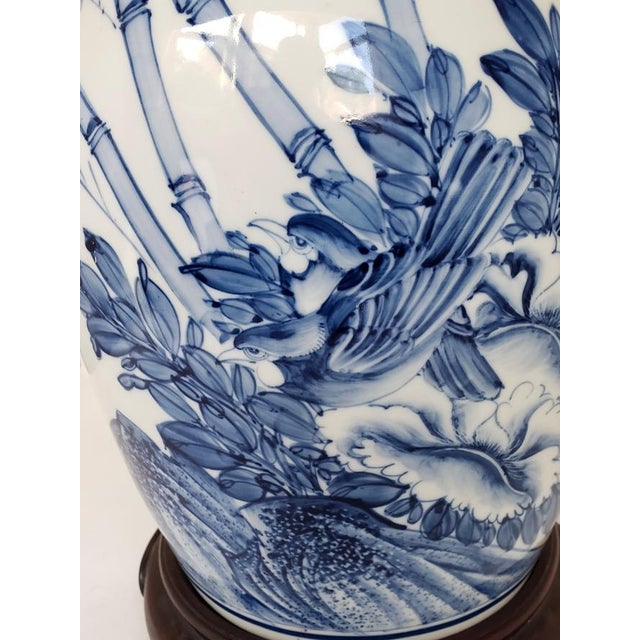 Ceramic Vintage Chinese Blue & White Porcelain Ginger Jar With Birds & Bamboo, Wood Stand For Sale - Image 7 of 10