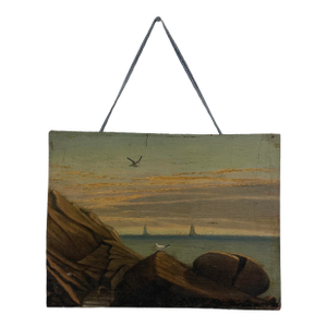 Antique Folk Art Maine Seascape With Rocky Shore and Sailboats, Signed (Oil on Board)