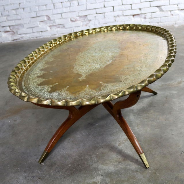 Vintage Indian Moroccan Style Oval Tray Top Spider 4 Leg Coffee Table