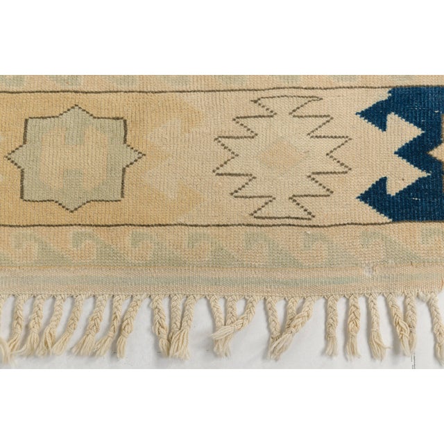 Vintage Turkish Area Rug, 9'0" X 6'6" Hand-Knotted Geometric Oushak Carpet, Cream and Blue Decorative Wool and Cotton Blend Rug For Sale - Image 4 of 10