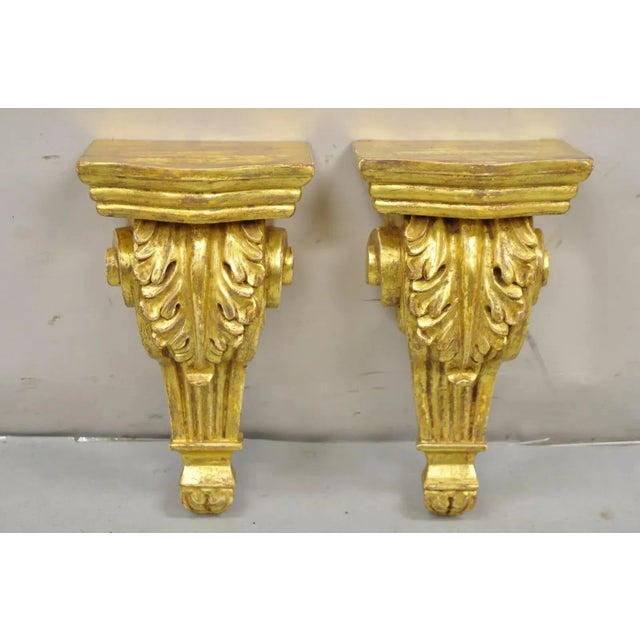 French Mid 20th Century Gold Giltwood French Louis XV Style Wood Acanthus Corbel Small Wall Shelf - Pair For Sale - Image 3 of 11